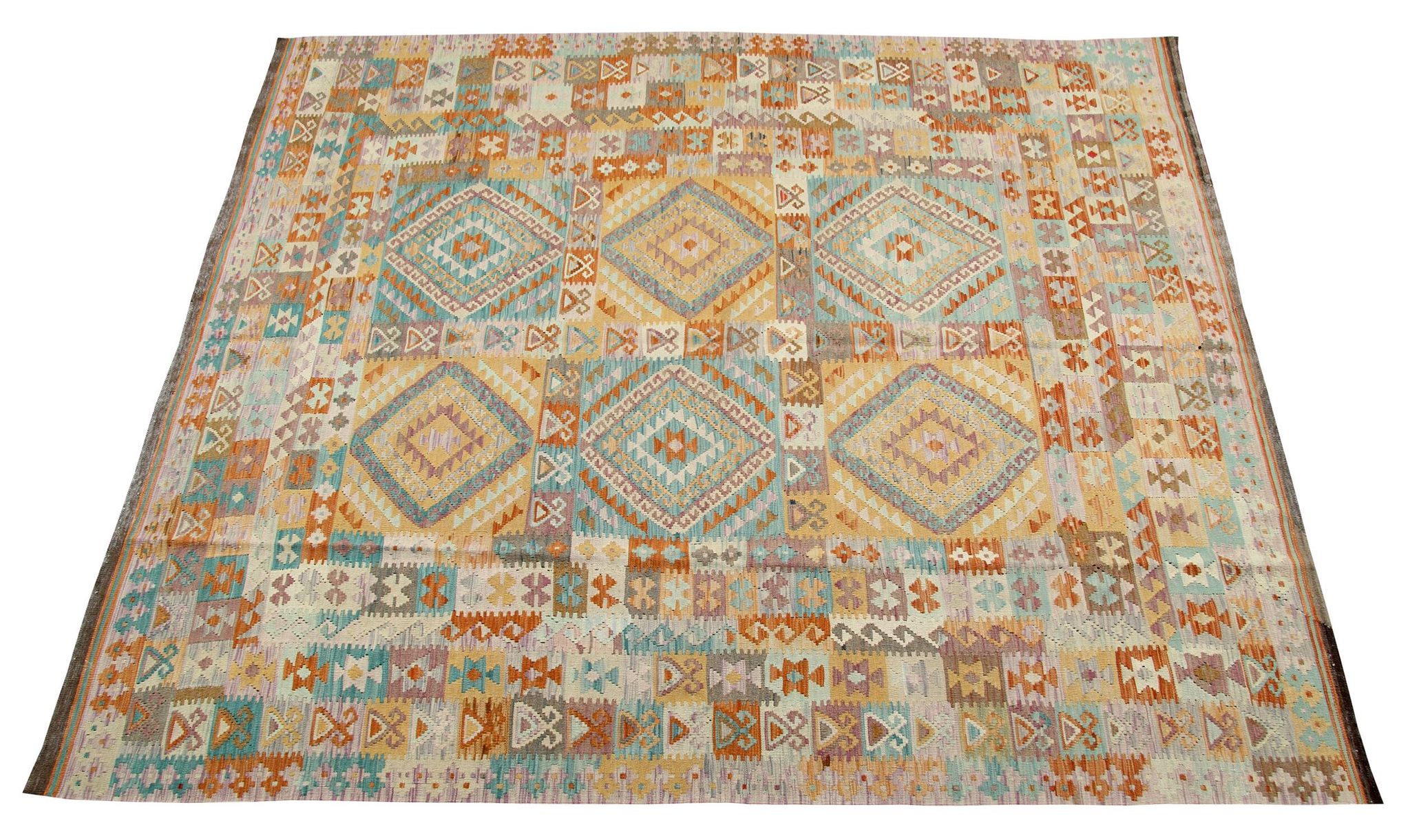 Handmade Grey Large  Kilim Rug, Geometric Flatweave Wool Carpet 294x218 cm