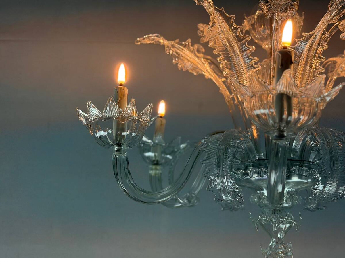 Venetian chandelier in colorless Murano glass with 6 light arms, circa 1930