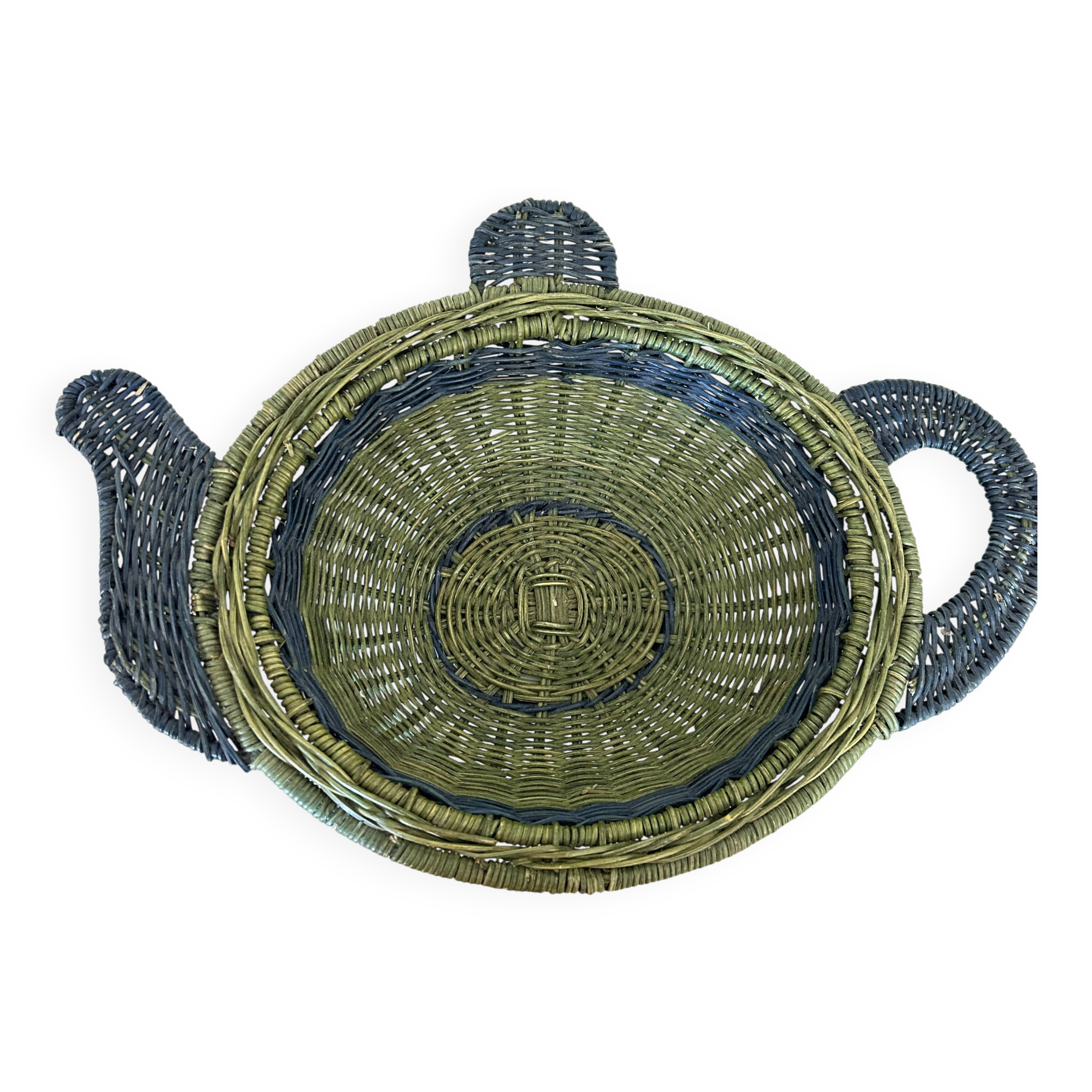 Rattan basket in the shape of a teapot.