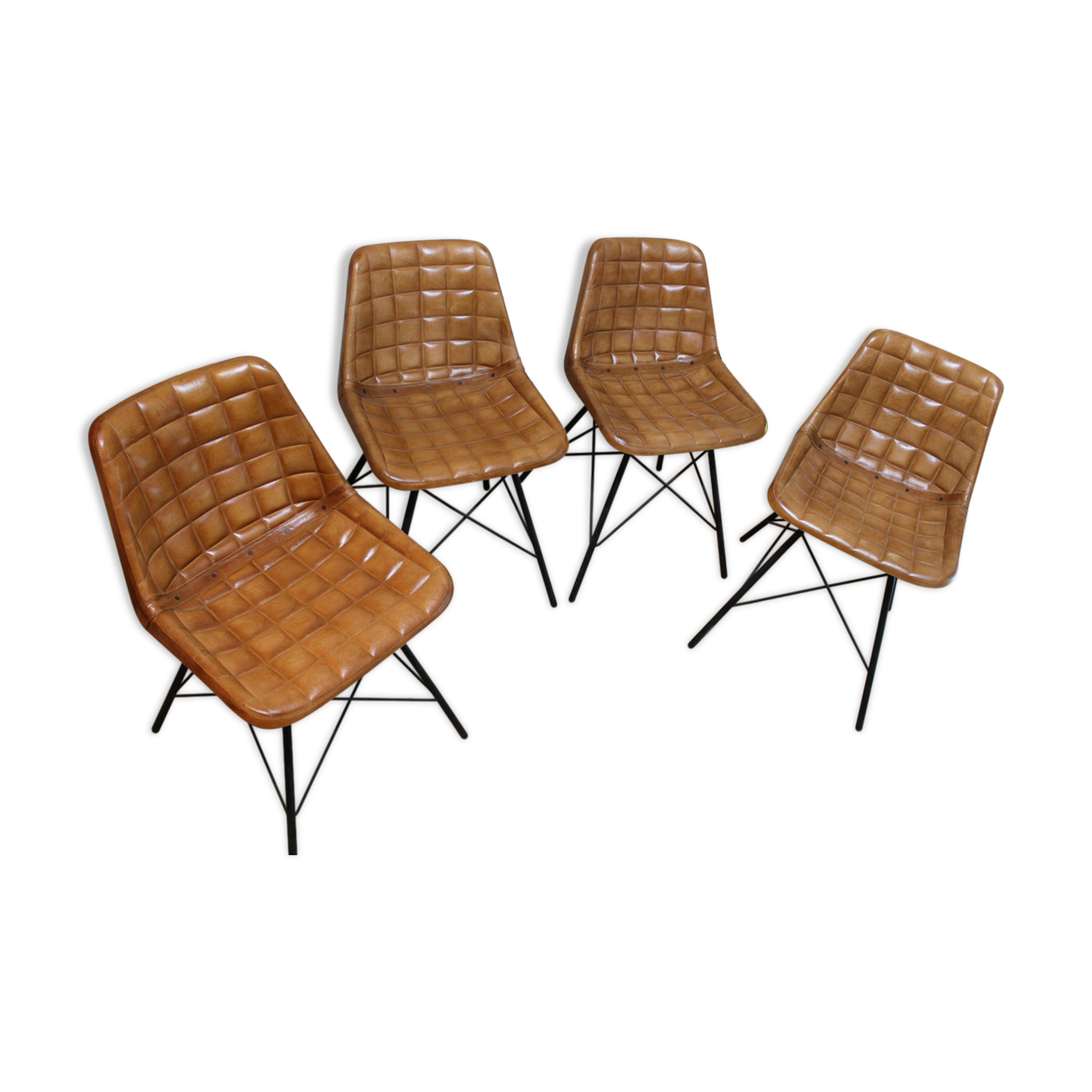 4 camel-coloured leather seating chairs