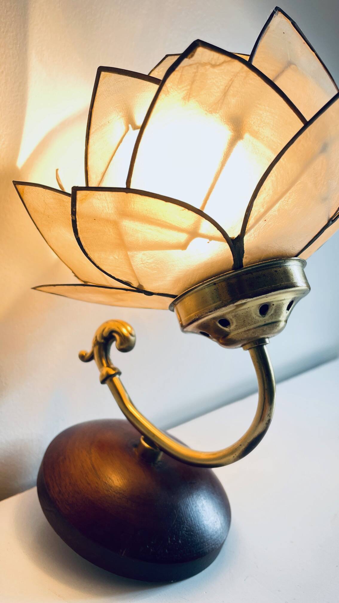 Vintage mother-of-pearl and brass flower wall lamp