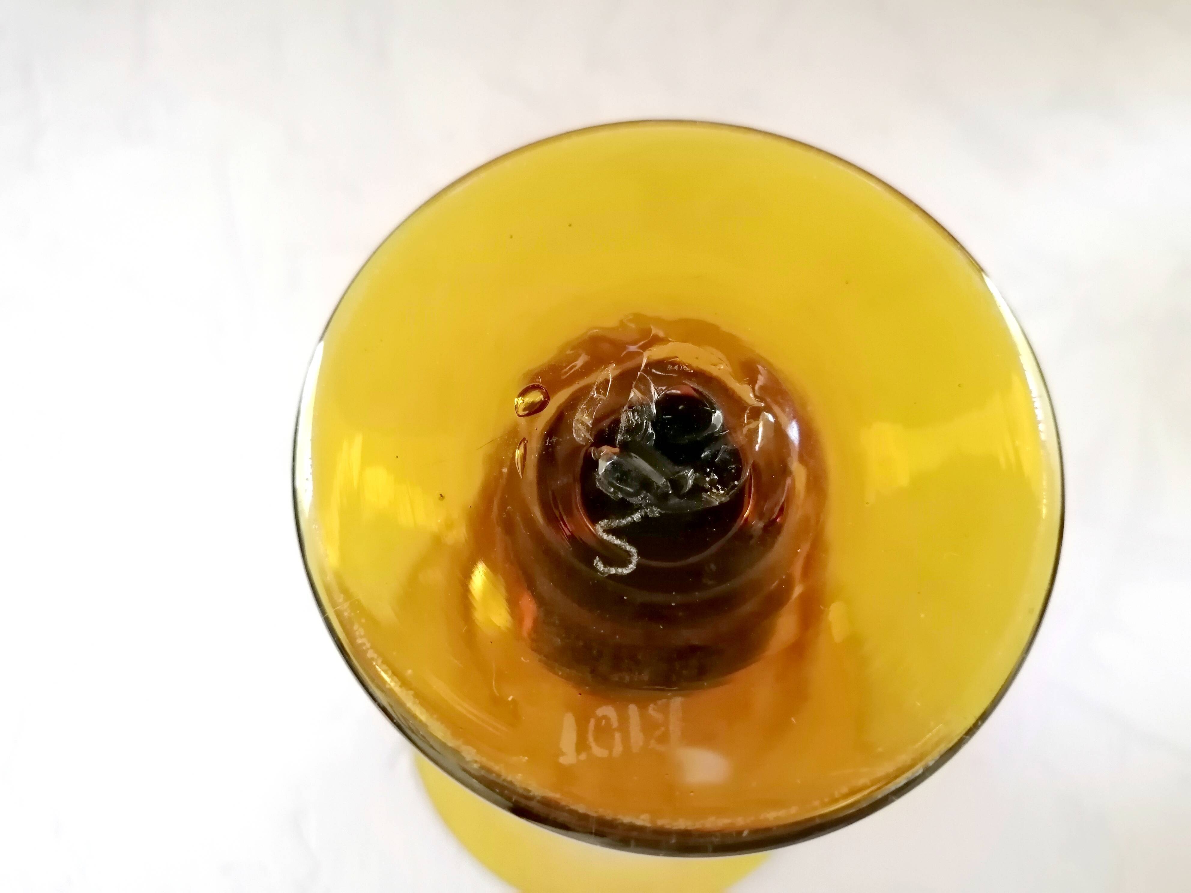 Biot engraved amber and bubbled water glasses, 70s