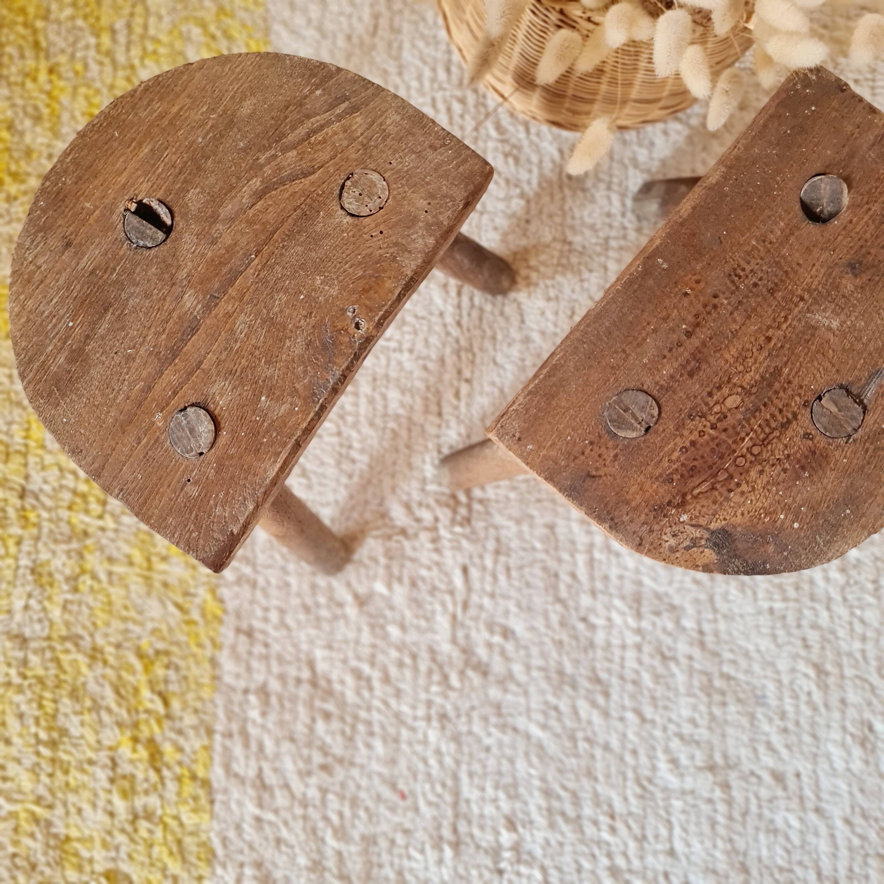 Pair of tripod wooden stools - brutalist look