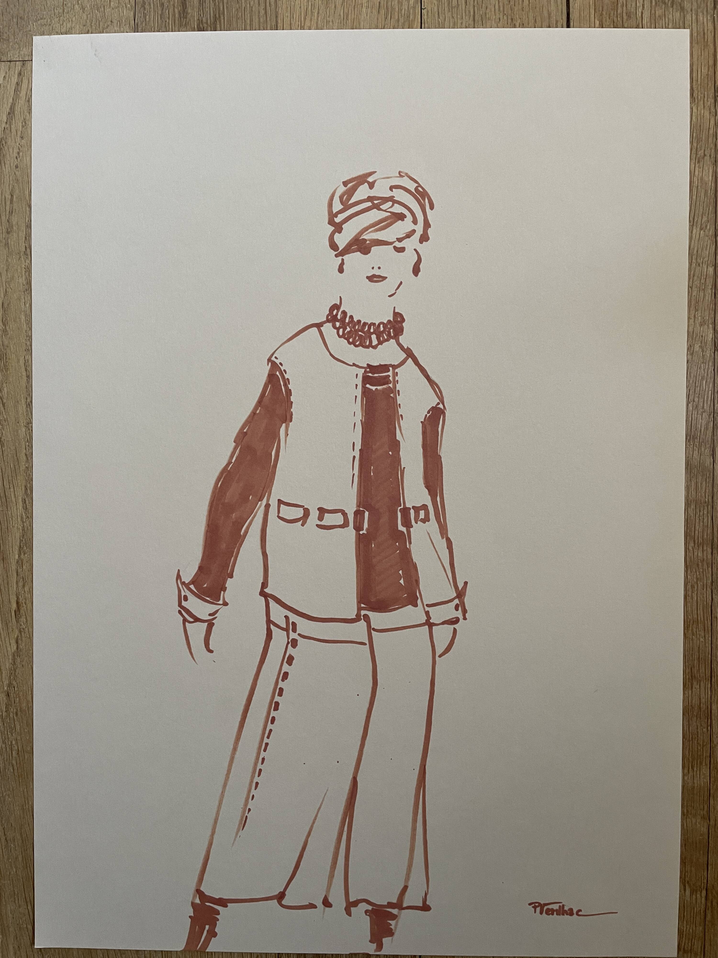 Painting signed in ink fashion engraving "study of a model of a woman's sleeveless vest"