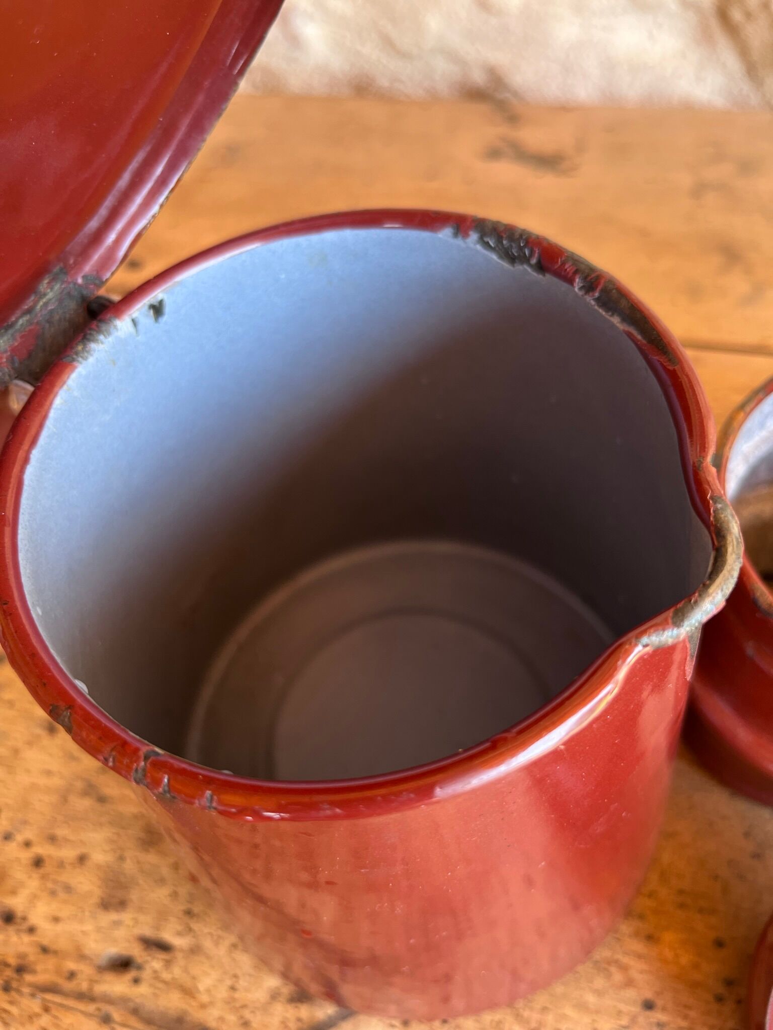 Vintage enameled coffee maker and milk jug