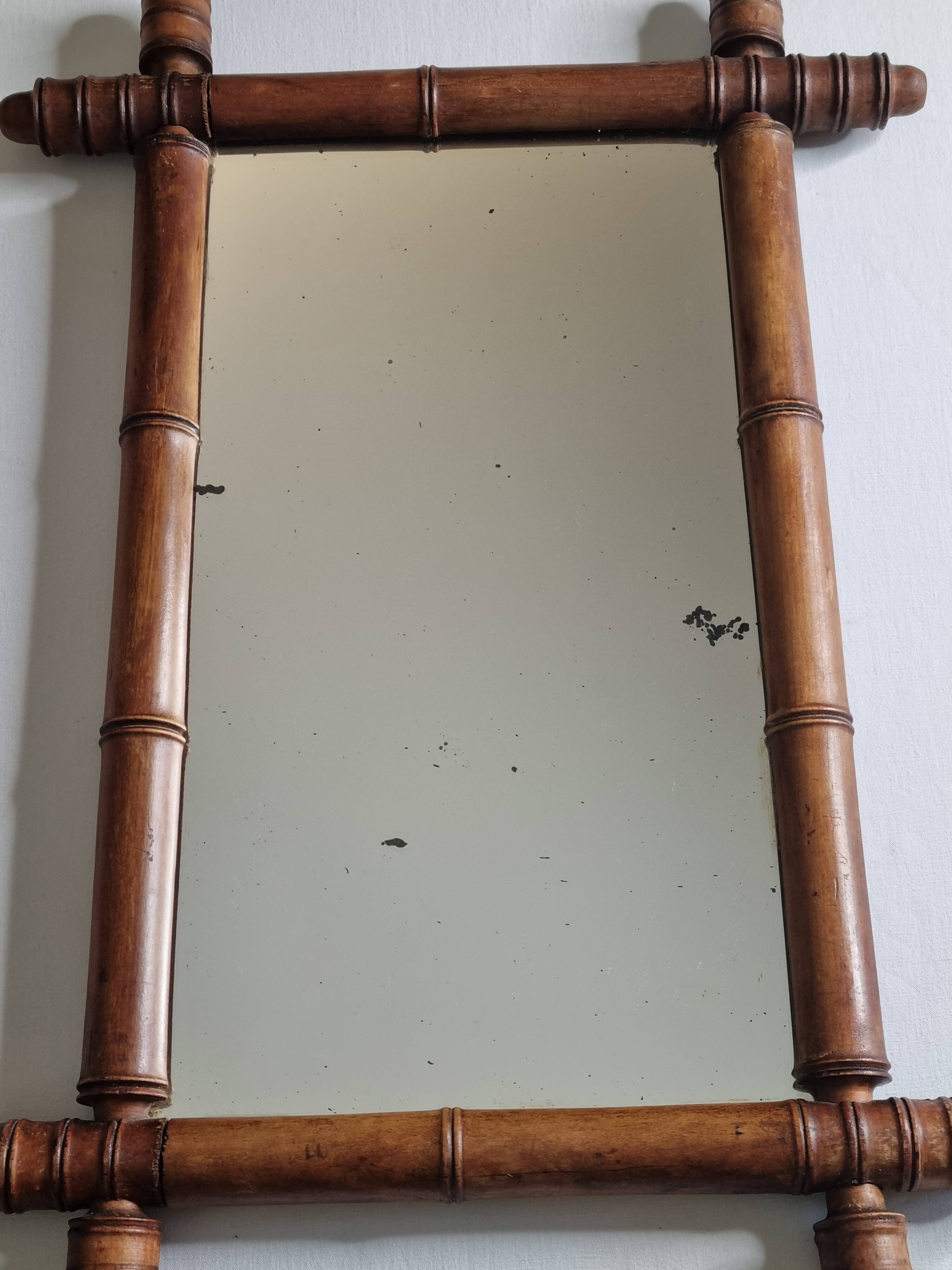Antique bamboo-style mirror in turned wood – late 19th century, 62 x 42 cm