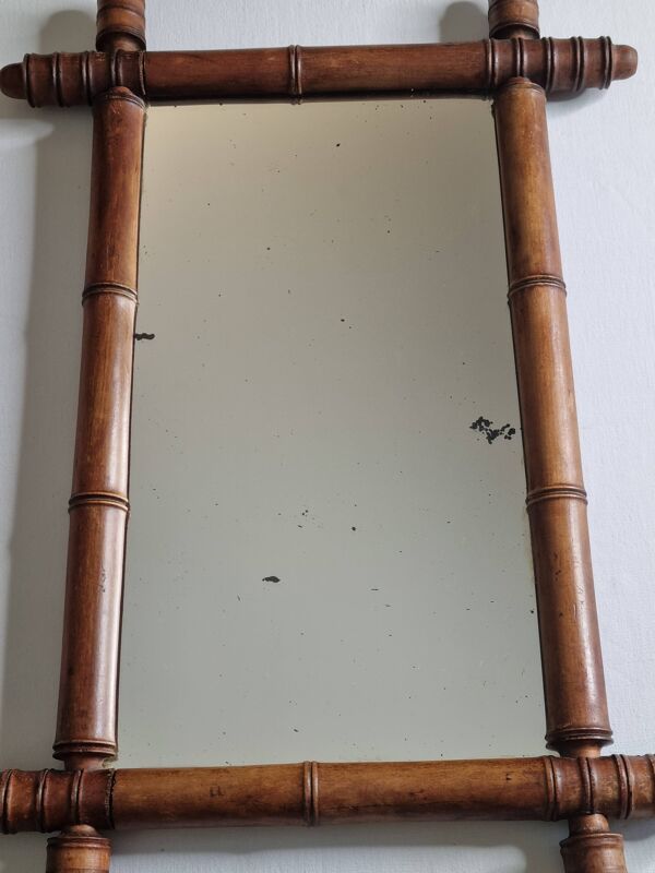Miroir ancien de style bambou en bois tourné – fin XIXe siècle, 62 x 42 cm