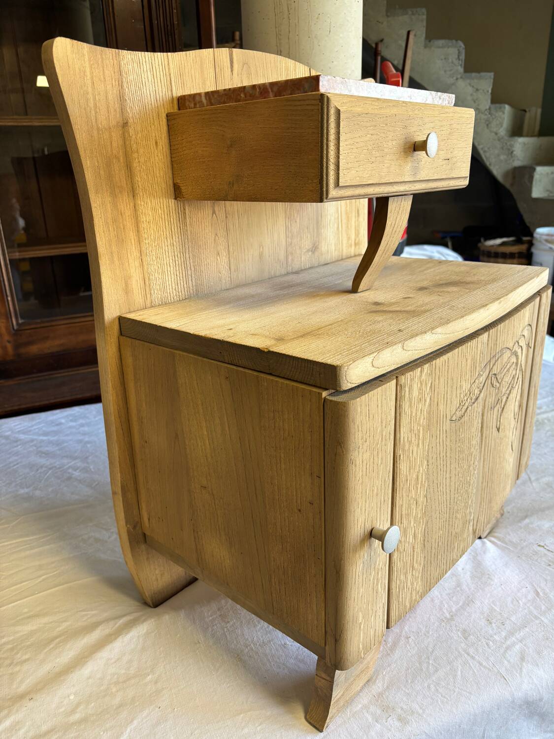 Raw wood bedside table
