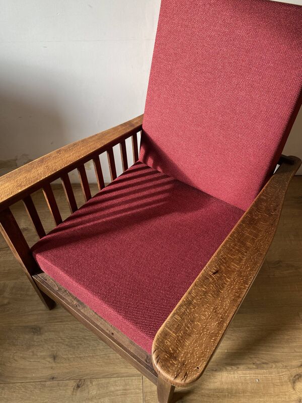 Fauteuil morris bois coussins bordeaux