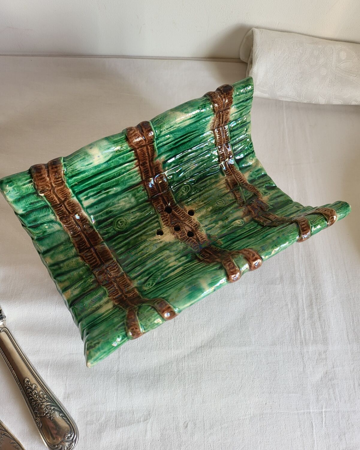 Dish and Asparagus Drainer in Green Barbotine Earthenware