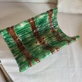 Dish and Asparagus Drainer in Green Barbotine Earthenware