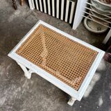 Stool, small wooden piano bench in white with caning.