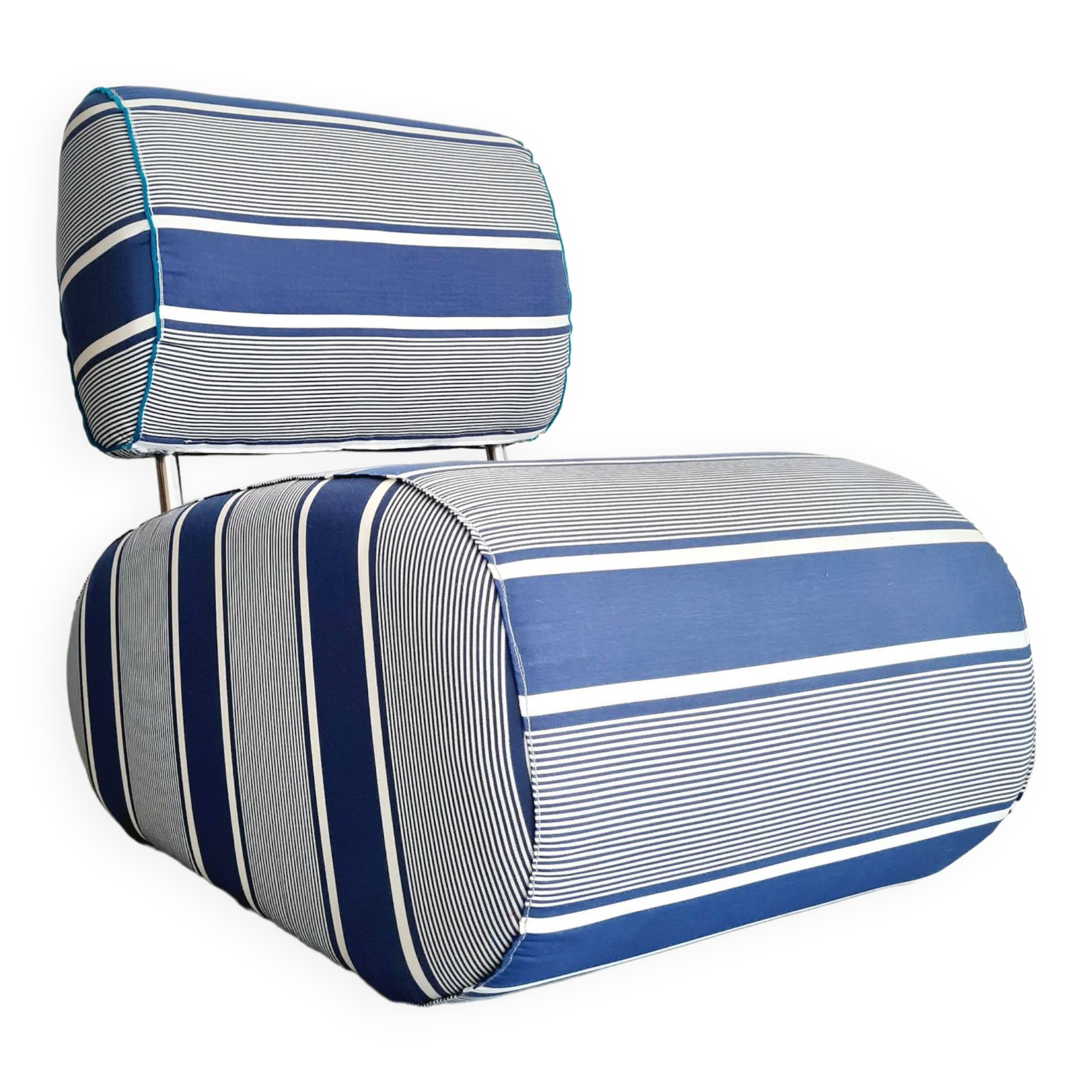 Curved armchair with blue and white stripes
