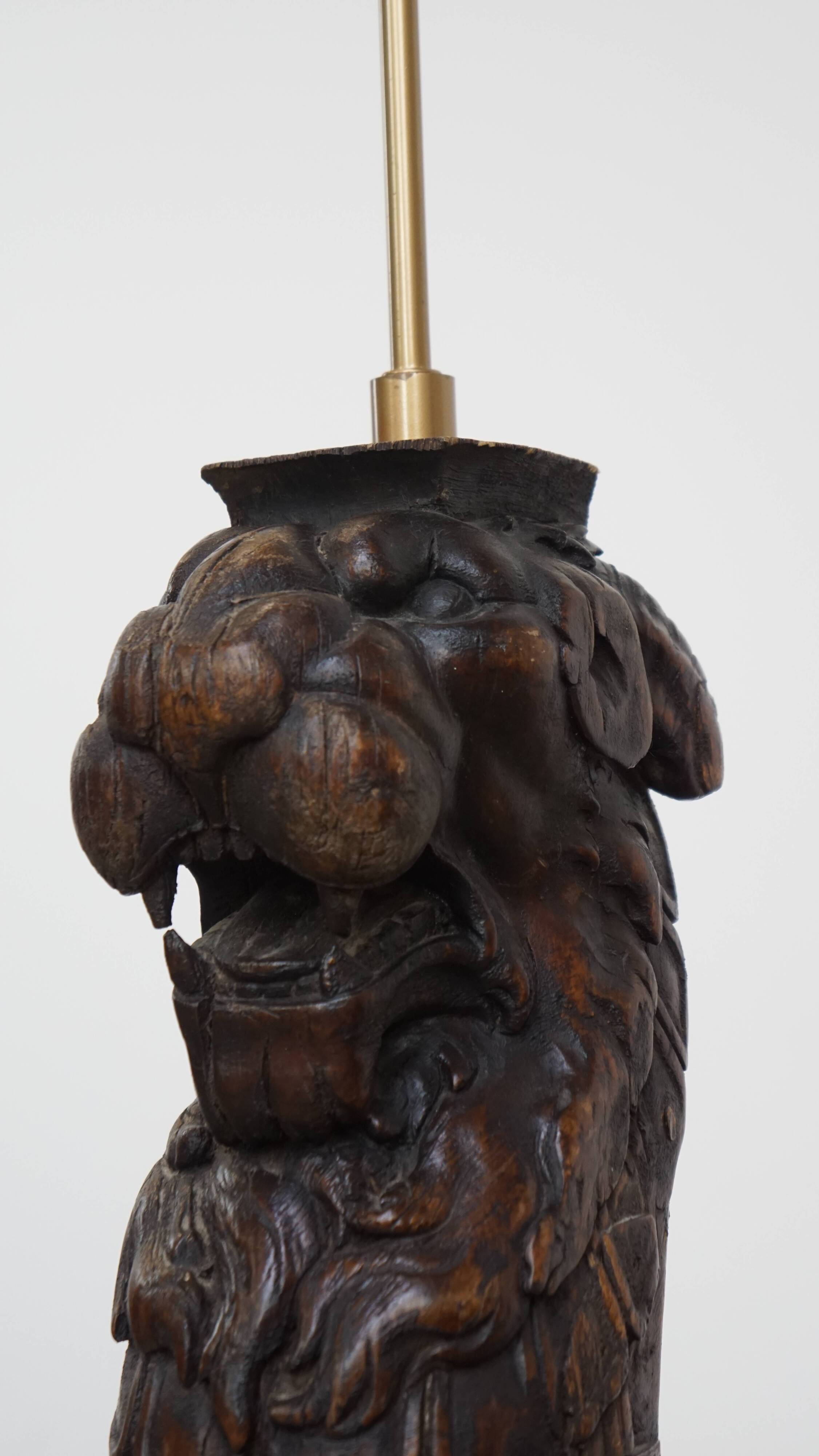 Hand-Carved Antique Wooden Floor Lamp with Lion Head