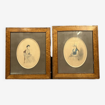 Warin 1874: pair of watercolor drawings from the Napoleon III period signed and dated