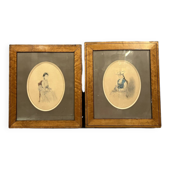 Warin 1874 : paire de dessins aquarellés époque Napoléon III signés et datés
