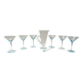Light Blue Murano Glass Cocktail Set of 6 Glasses and a Pitcher by La Murrina