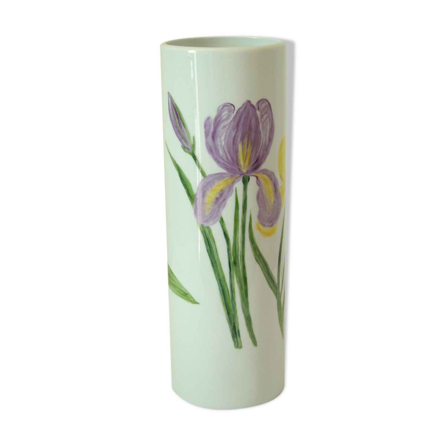 Tubular vase Limoges porcelain bucolic decoration hand painted signed