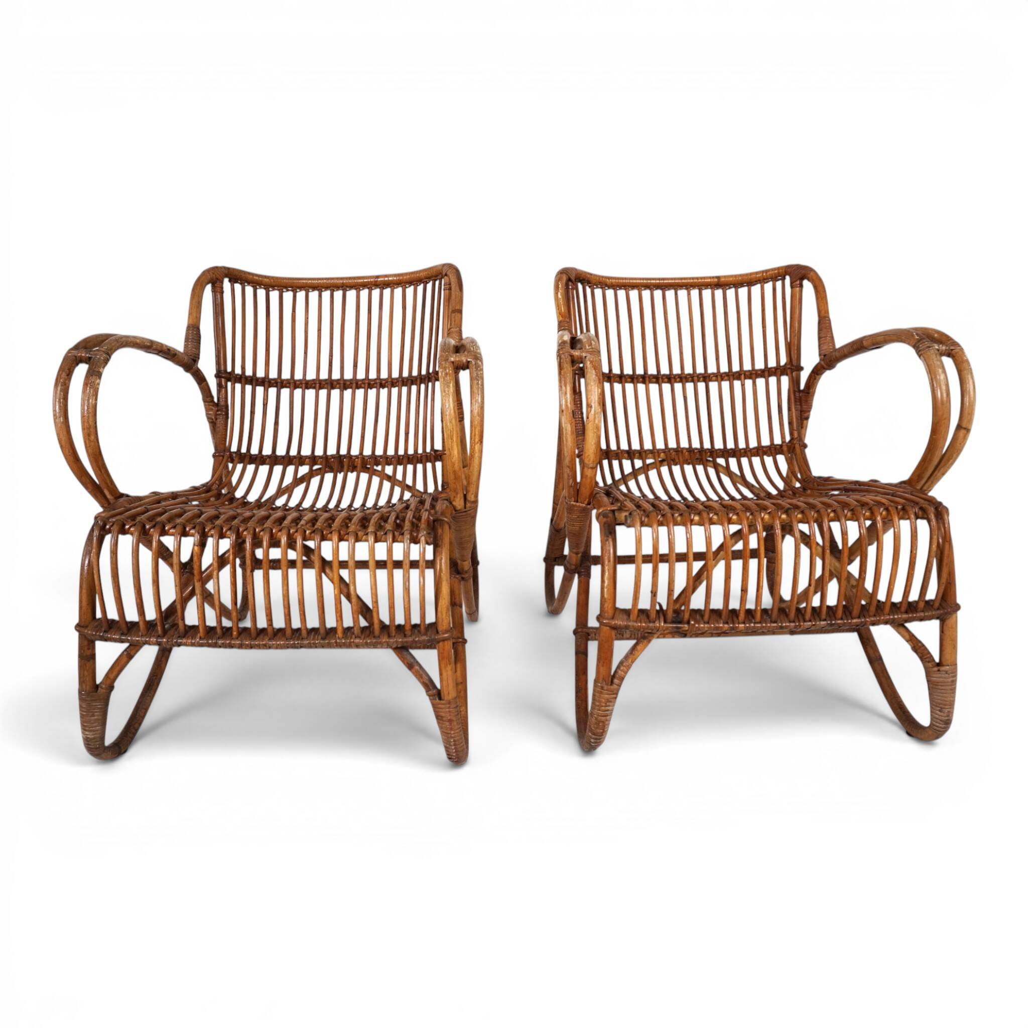 French Pair Vintage Rattan Bamboo Lounge Chairs, 1960