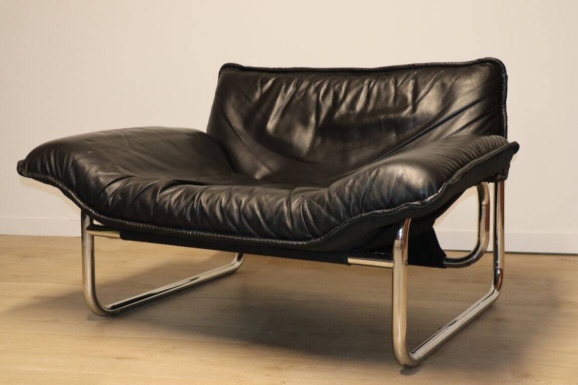 Vintage armchair by Johan Bertil Häggström for Ikéa in leather and chrome metal, 1970s