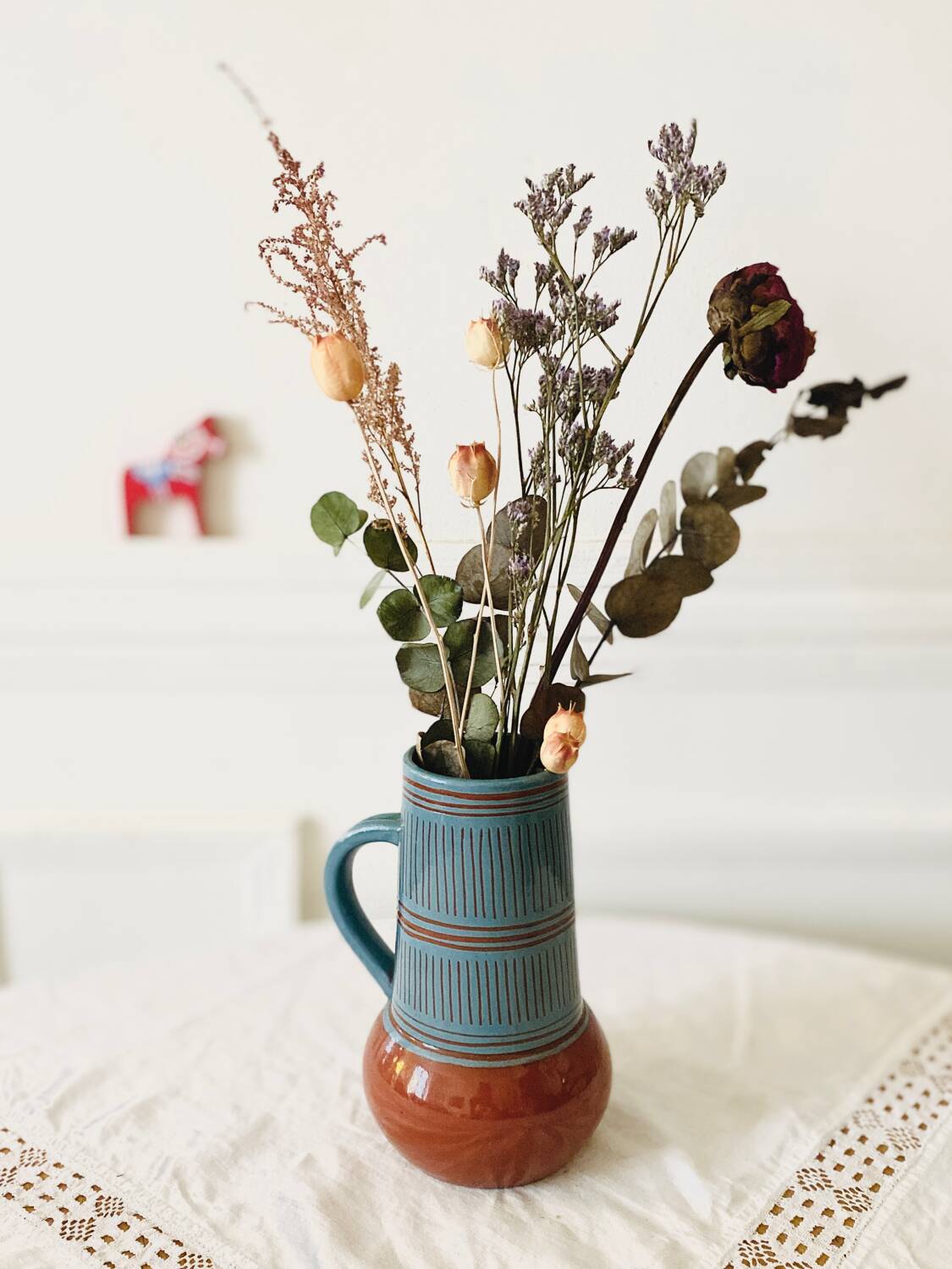 Vintage vase with handle Scandinavian ceramic Nittsjo Sweden