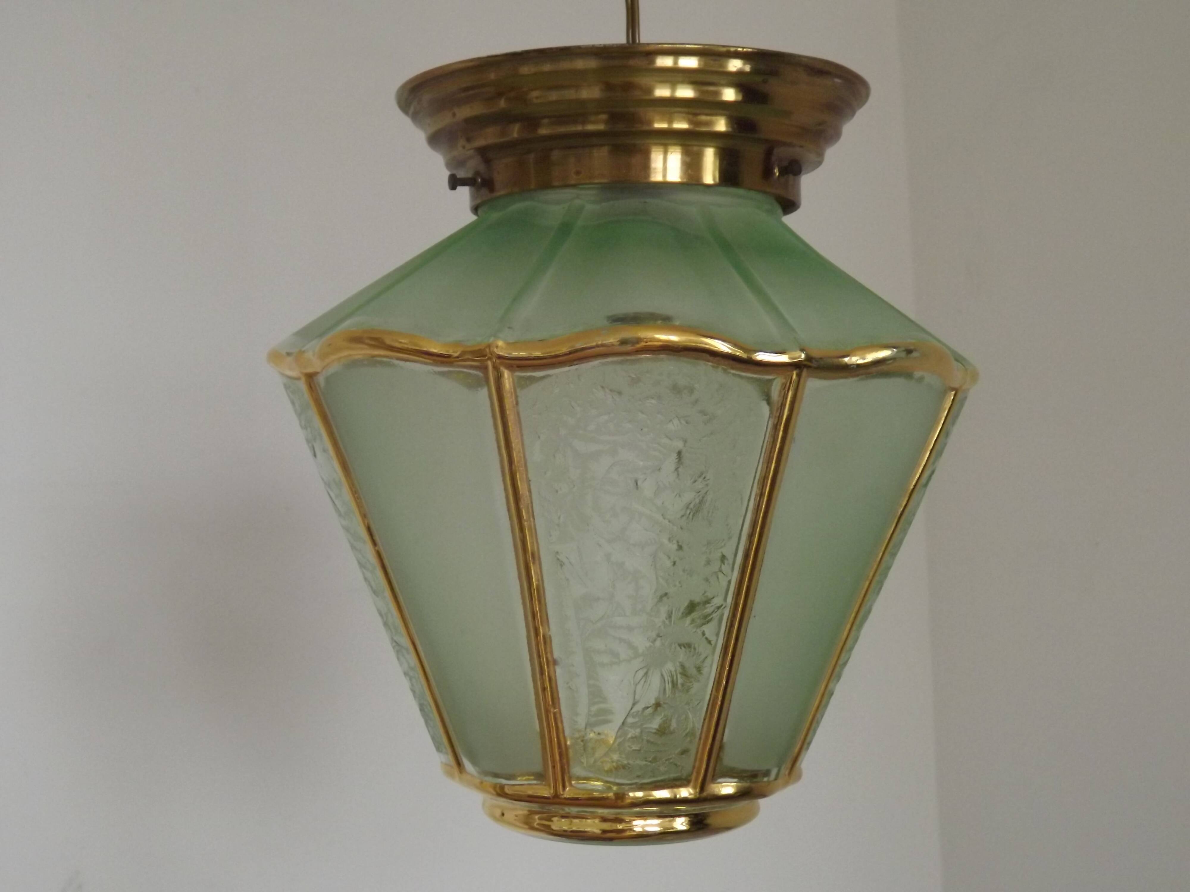 French Vintage Art Deco Glass Ceiling Light Green Frosted & Patterned Glass