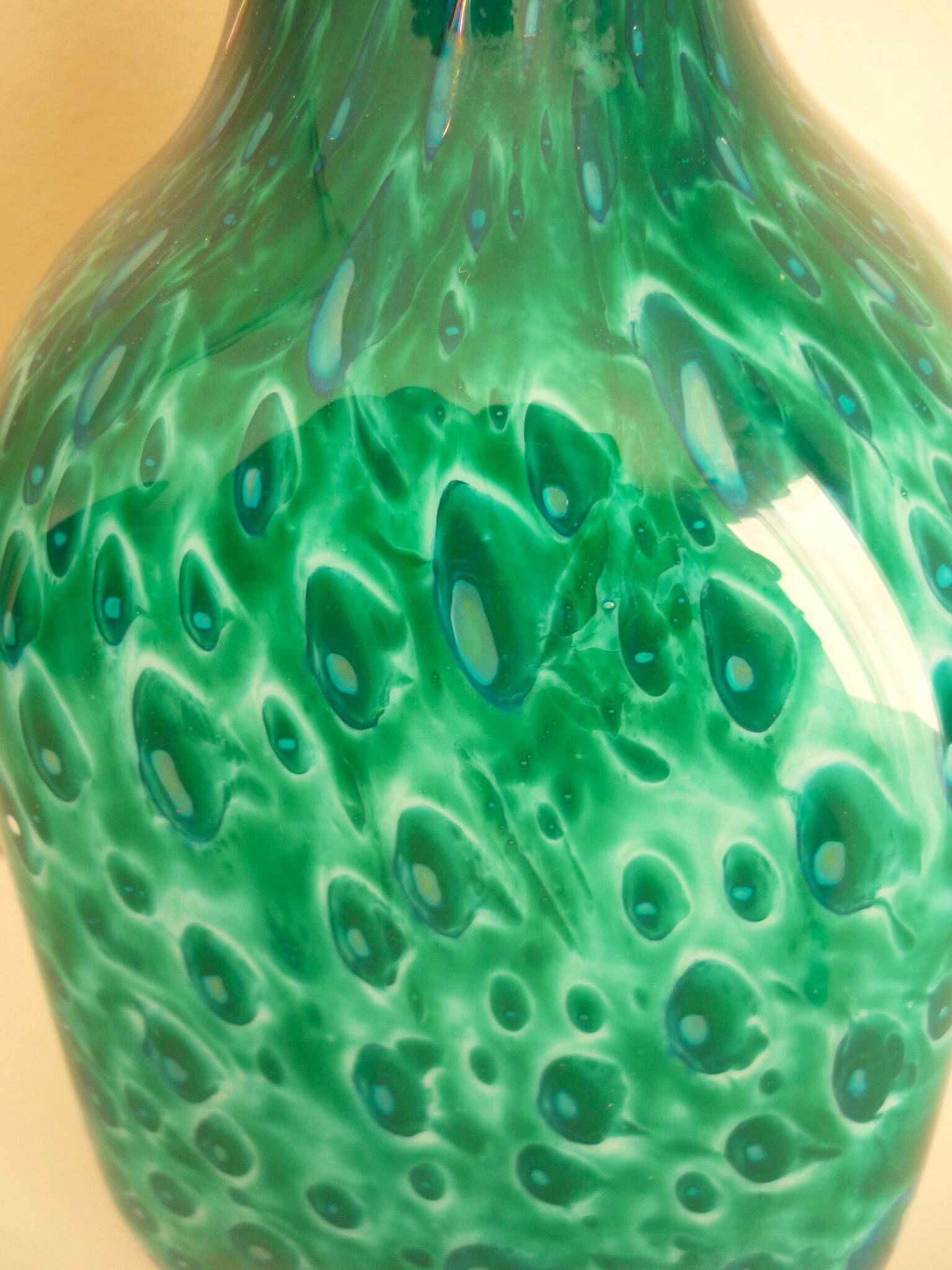 White multi-layer blown glass bottle vase with blue and green inclusions