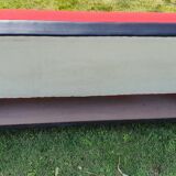 Vintage sofa 3 places convertible, red fabric and black skaï.1960s.