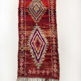 Moroccan Berber carpet boucherouite old red corridor with colored diamonds 271x100cm
