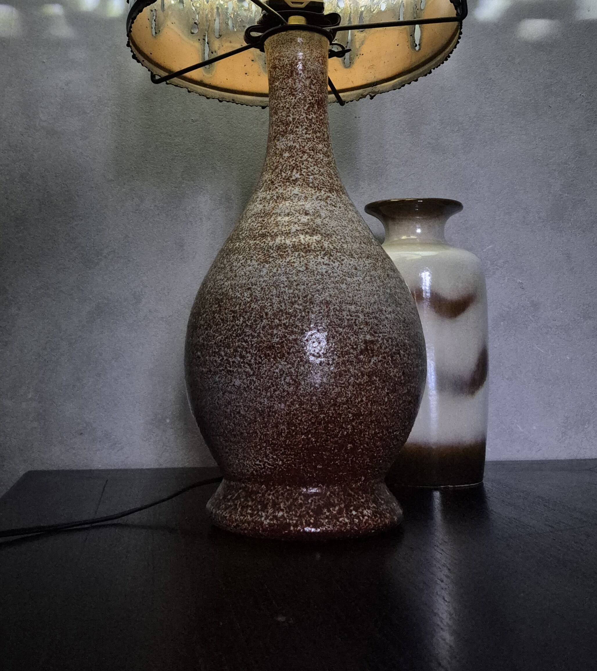 Large vintage Accolay lamp with flamed ceramic and metal shade.
