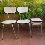 Pair of white formica chairs and stool