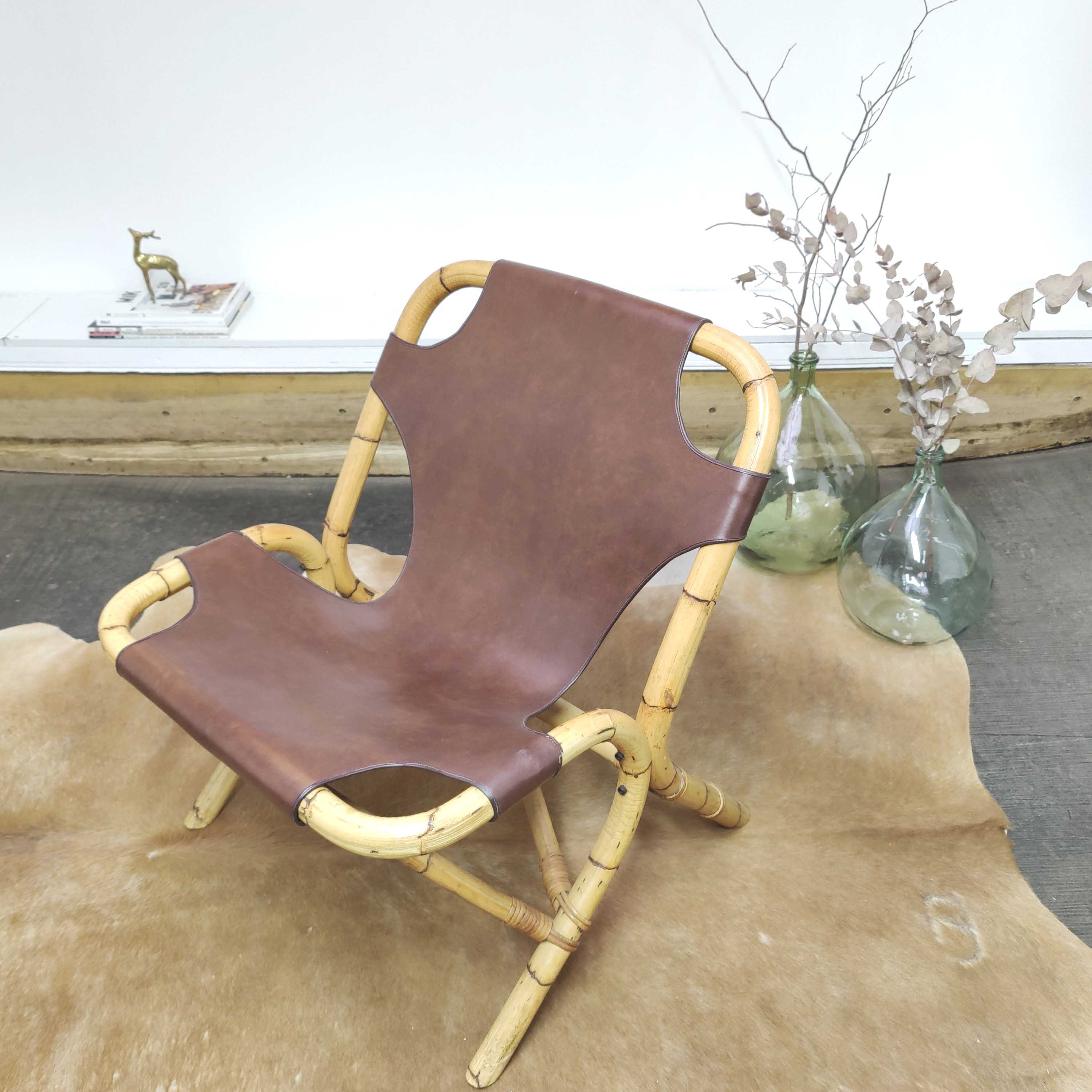 Vintage armchair bamboo rattan and leather