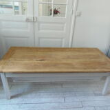 Coffee table made from an authentic farmhouse table, leg patinated pearl gray