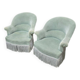 Pair of celadon green velvet armchairs with armrests, esprit