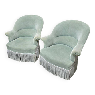 Pair of celadon green velvet armchairs with armrests, esprit