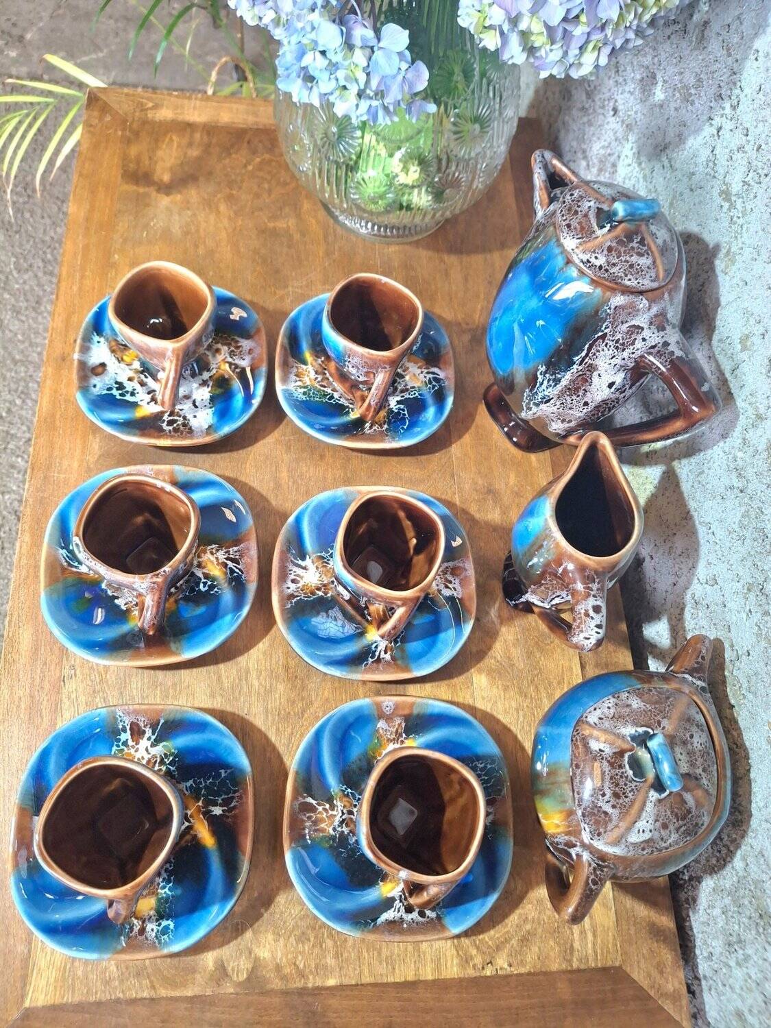 Art Deco coffee service Vallauris cobalt blue flambe glaze – 15 pieces