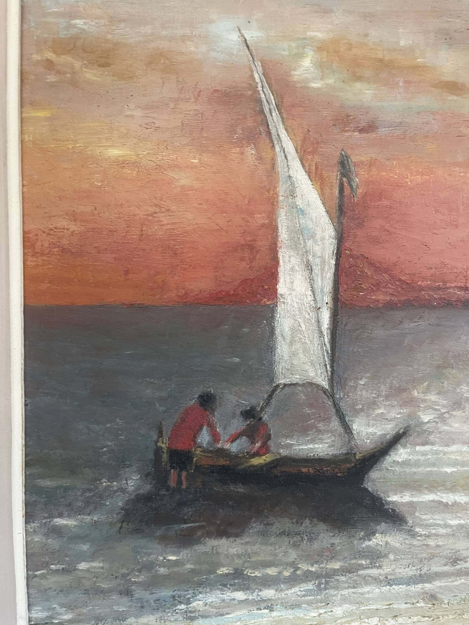 Oil Painting Canvas Sunset Boat Sea Sailboat Frame 62x