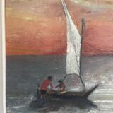 Oil Painting Canvas Sunset Boat Sea Sailboat Frame 62x