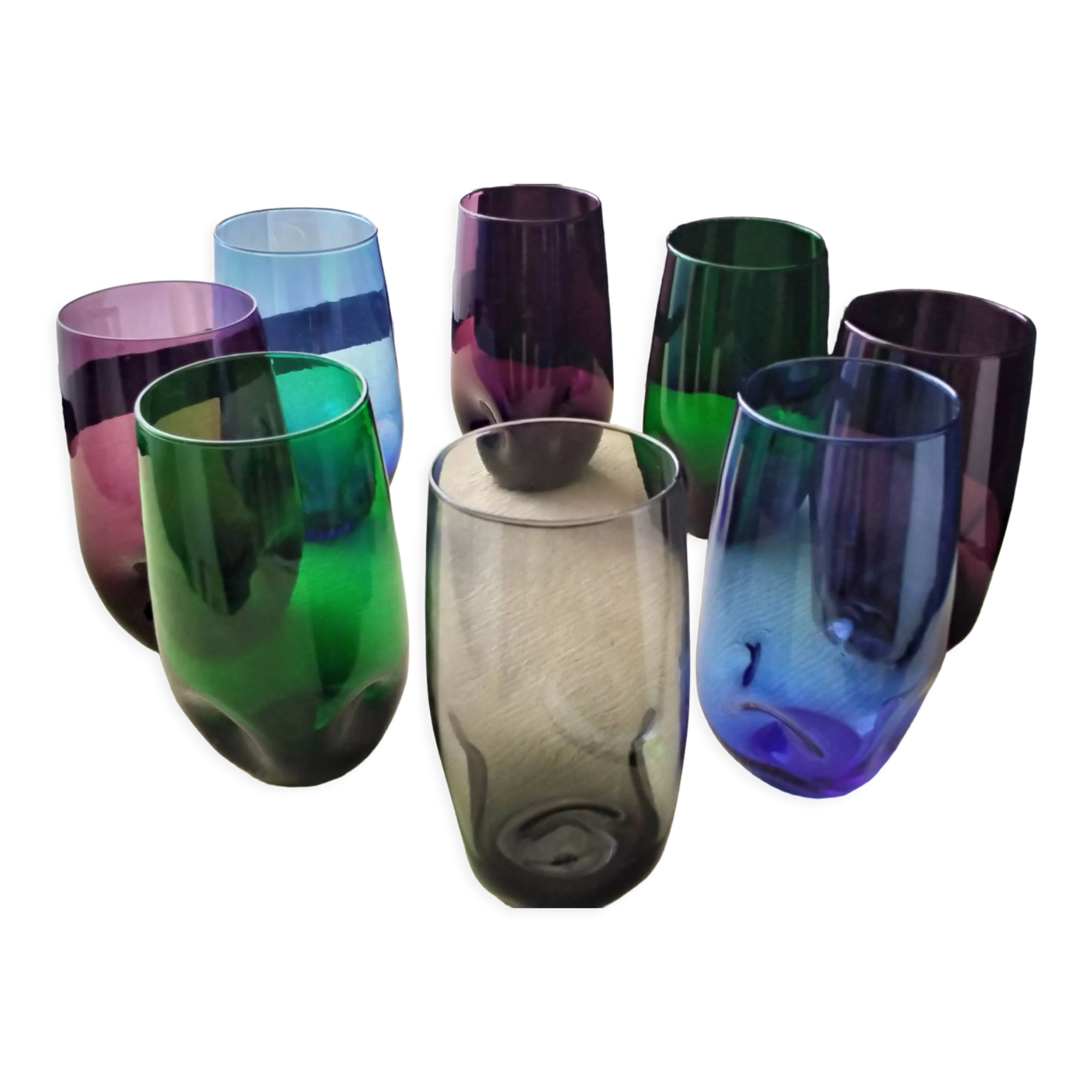 Set of 8 glasses cups high shape blown glass in different colors vintage