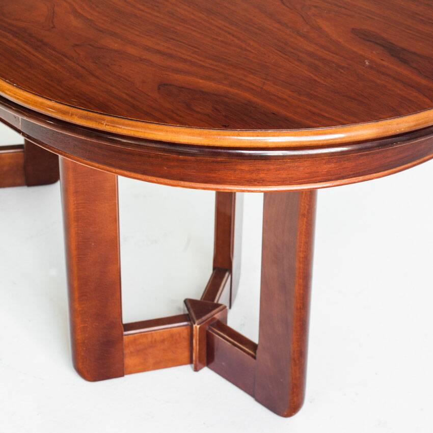 Vintage dining table with two extensions in varnished elm. Spain, 80s.