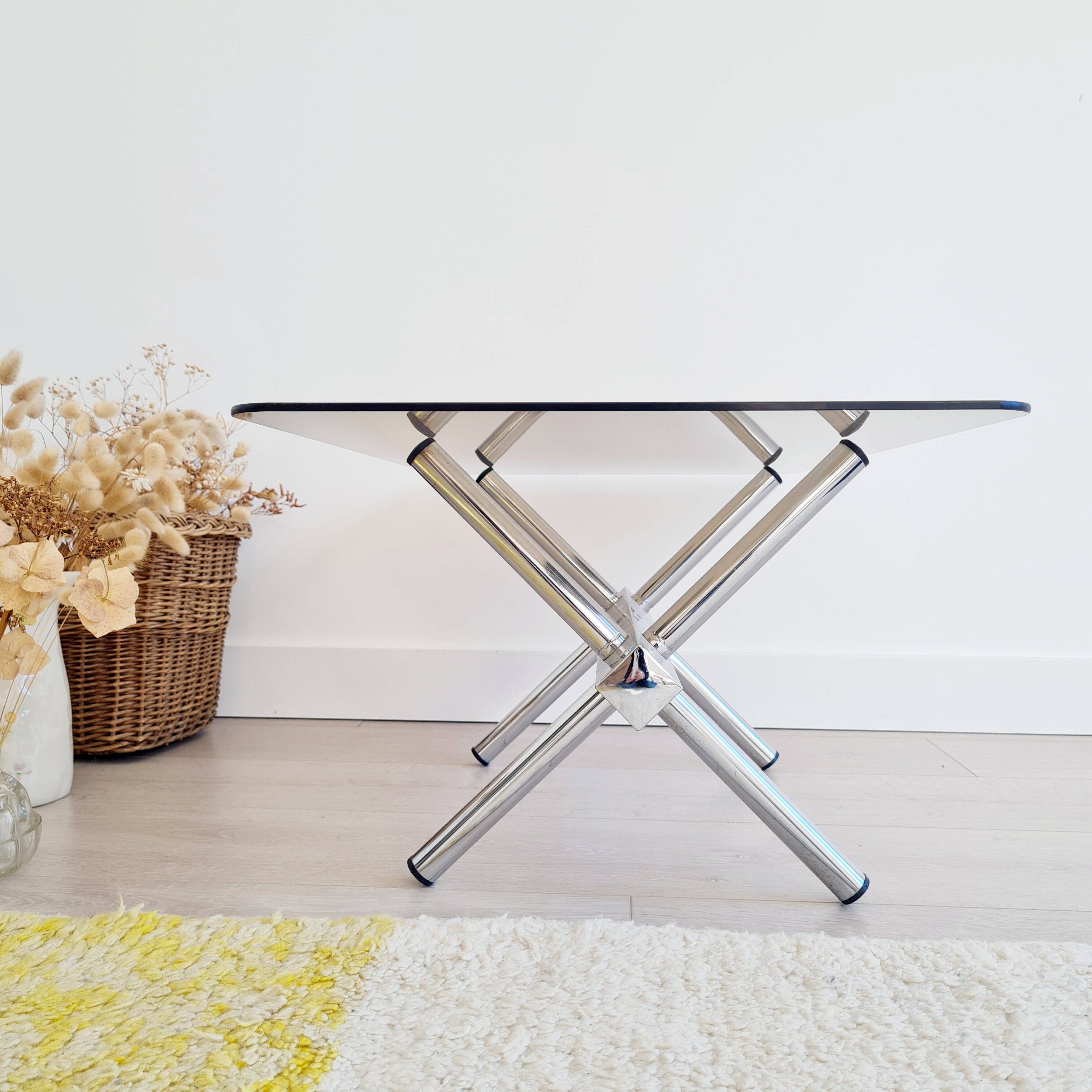 Table design basse chrome et verre années 70