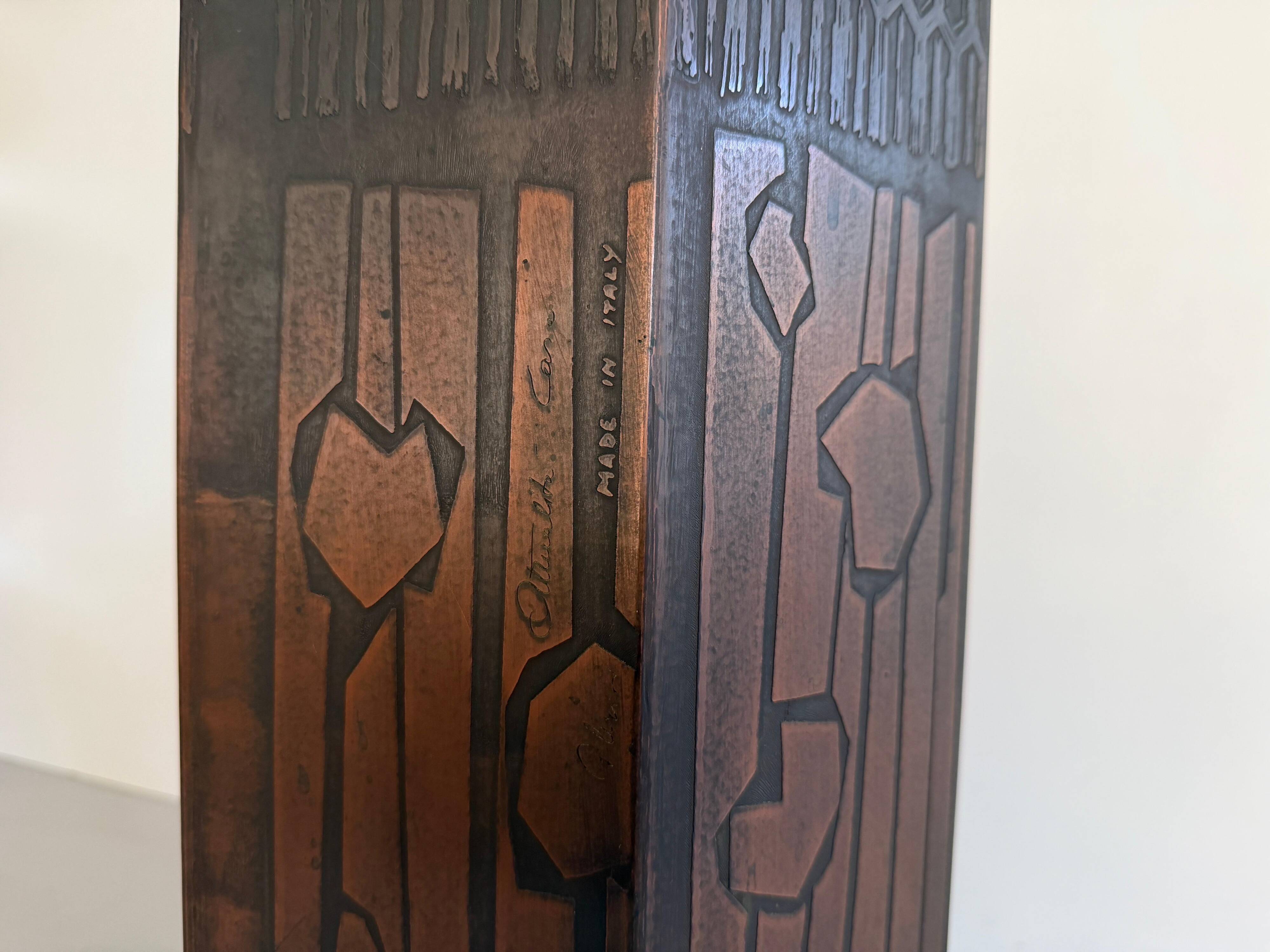Hexagonal copper umbrella stand signed by the artist, 1960s, Italy.