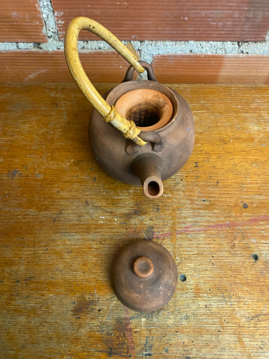 Antique terracotta teapot + bamboo handle, vintage japanese style