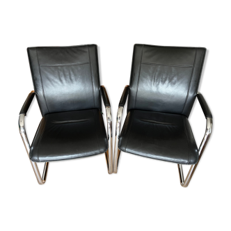 2 VINTAGE CANTILEVER OFFICE CHAIRS IN BLACK LEATHER Brand DAUPHIN , Model 1000 MIGLIA