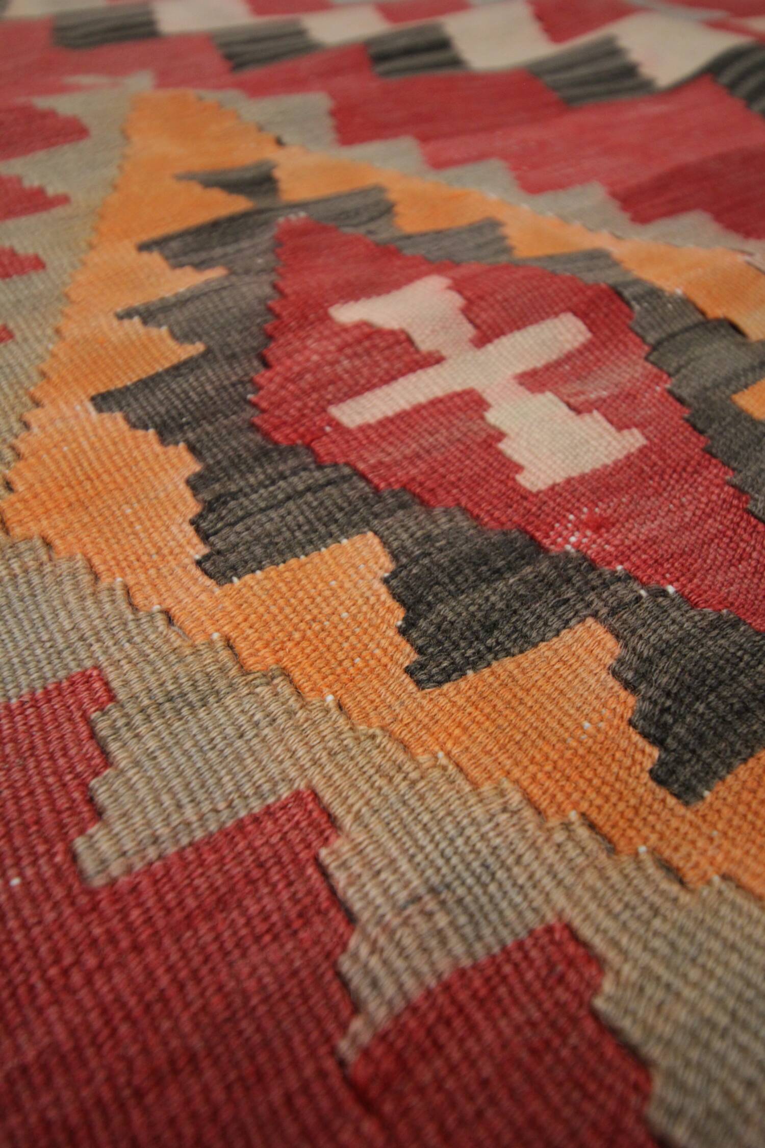 Vintage Red Orange  Kilim Rug 1980s Wool Tribal Flatweave 287 x 150 cm