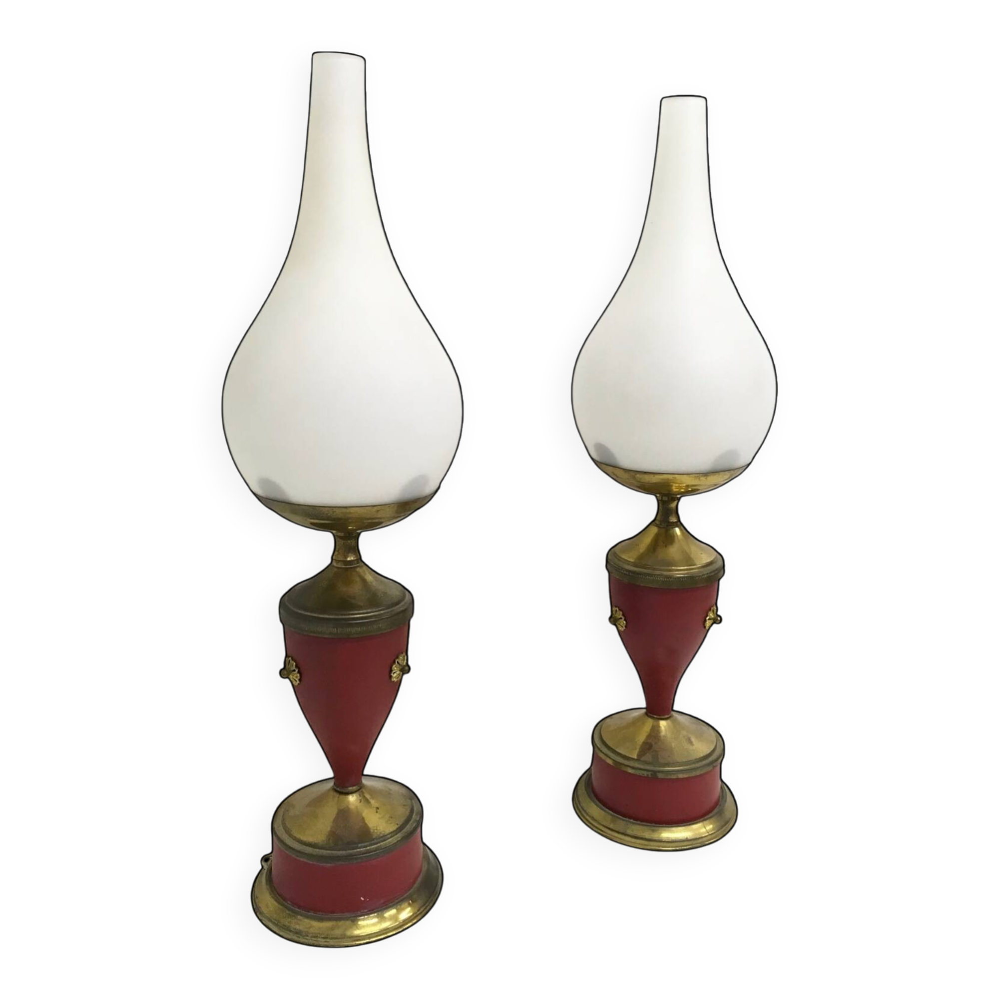 Pair of Red Varnished Metal, Brass and Glass Table Lamps, Italy