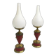 Pair of Red Varnished Metal, Brass and Glass Table Lamps, Italy