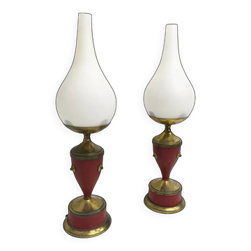 Pair of Red Varnished Metal, Brass and Glass Table Lamps, Italy