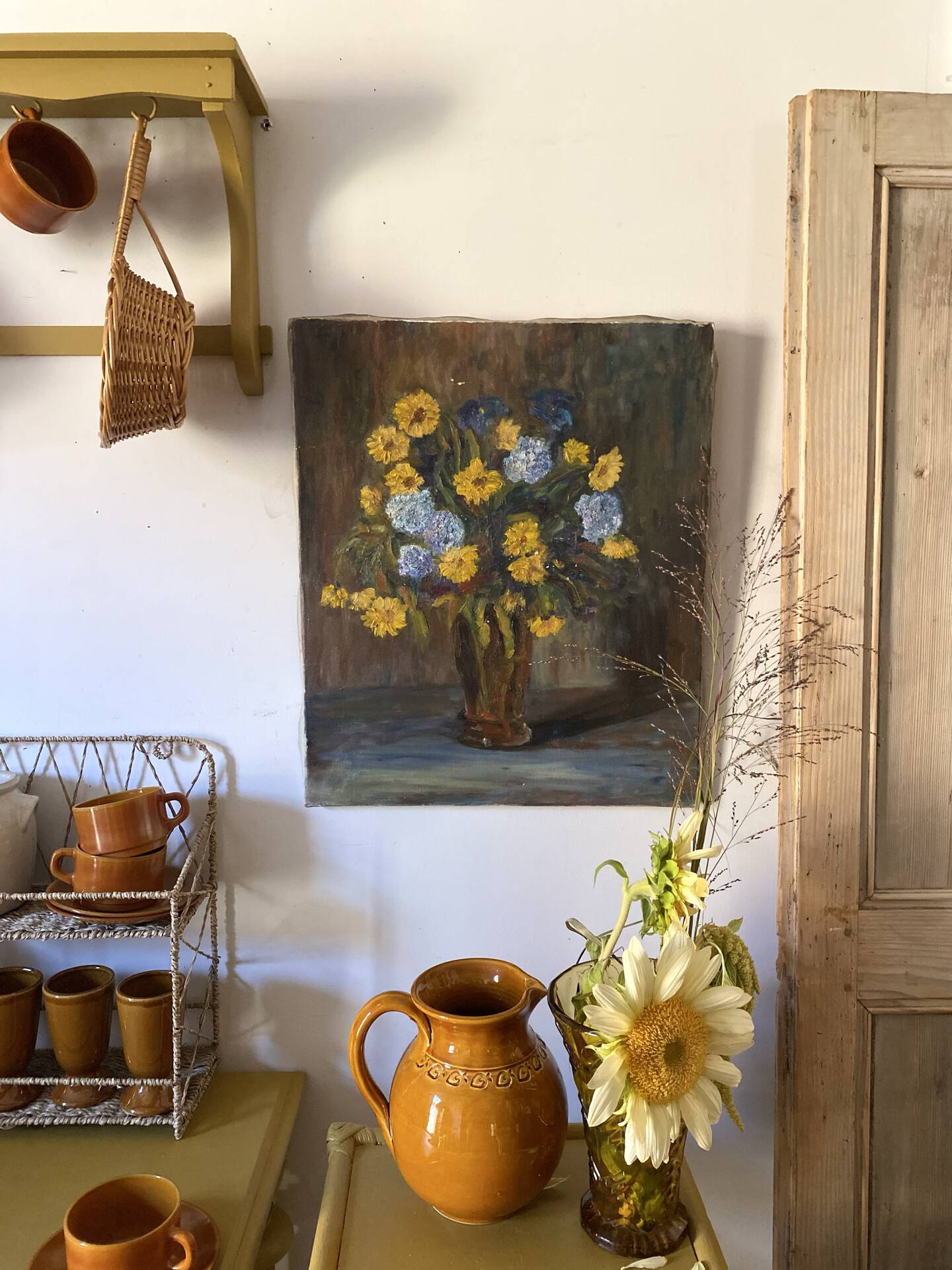 Oil on canvas, bouquet of yellow and blue flowers, mid-20th century.