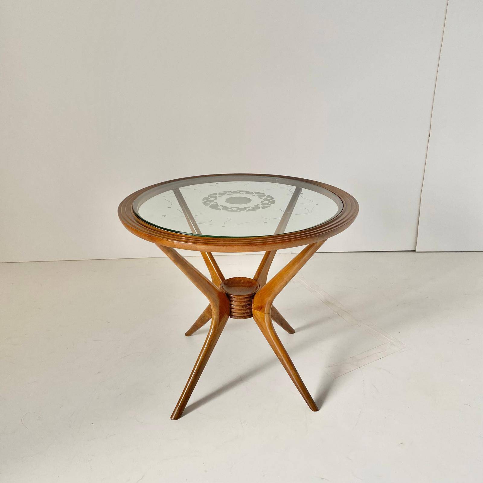 Curved Wood Spider Leg Coffee Table, Wood & Glass, Italy 1950s